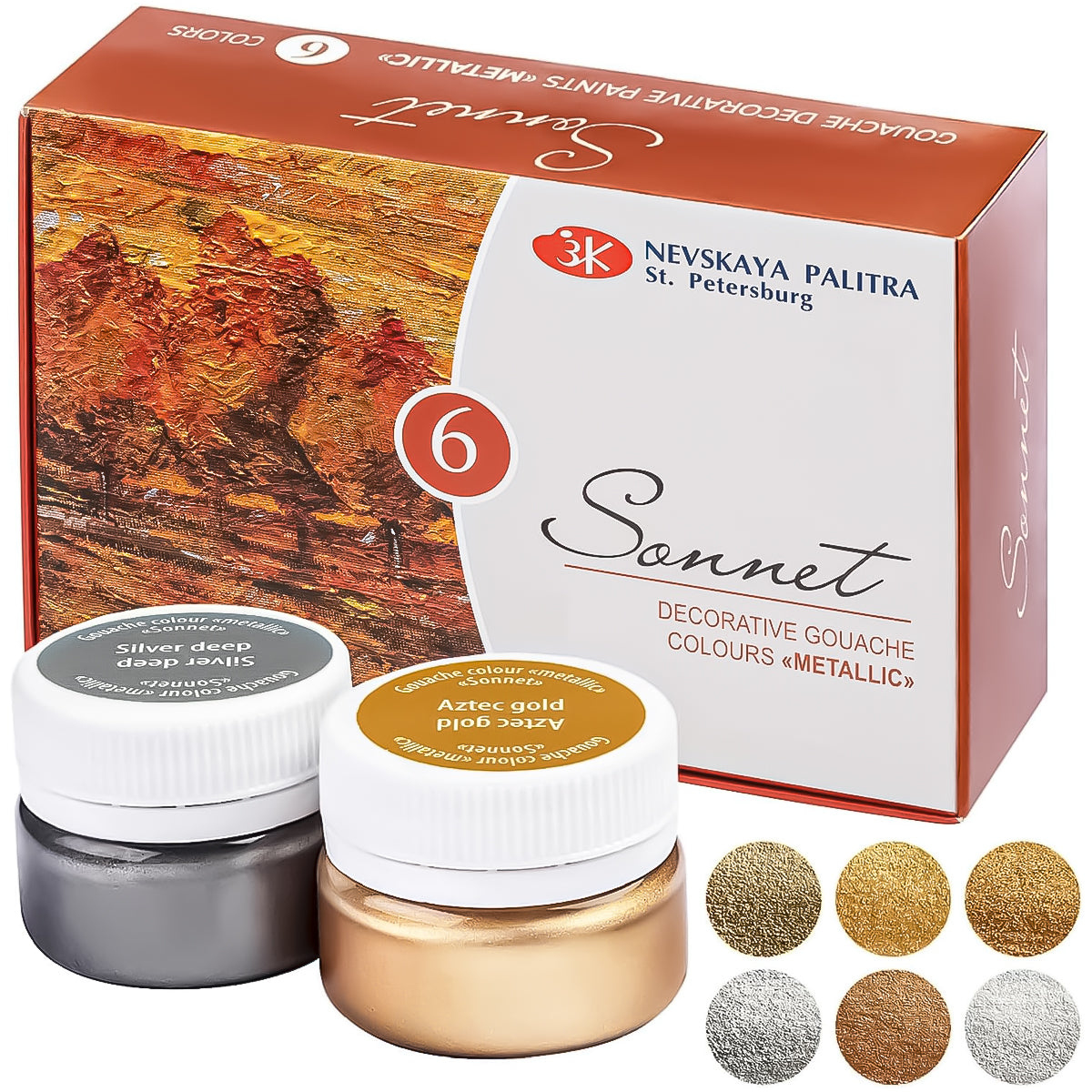 Estojo de Guache Nevskaya Palitra Sonnet 20ml com 6 Cores Metálica 