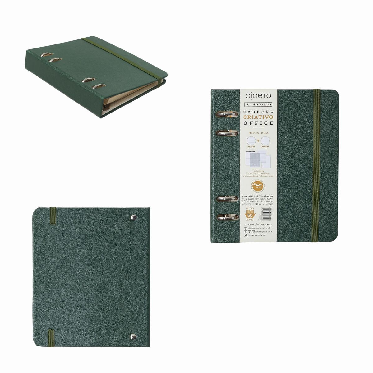 Caderno Criativo Argolado Cicero Office Duo A6 60 Folhas Pautado e Pontado - Clássica Verde Oliva