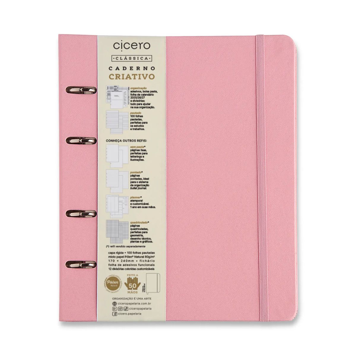 Caderno Criativo Argolado Cicero 17x24cm 100 Folhas Pautado - Pastel Rosa