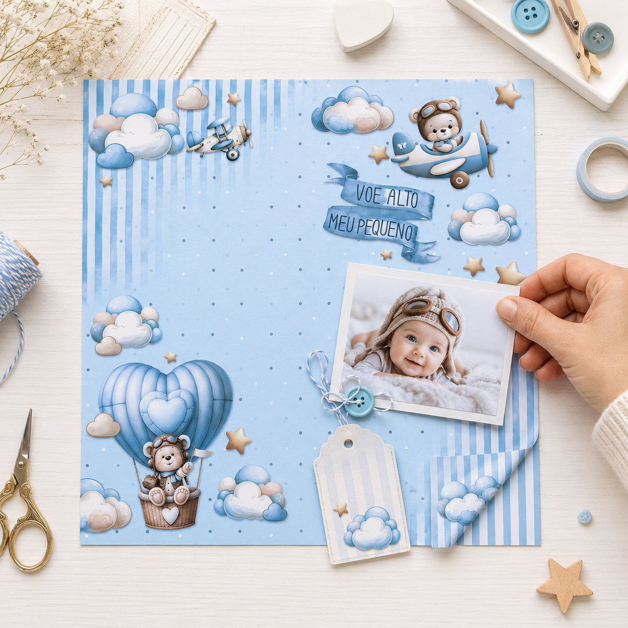 Papel para Scrapbook Dupla Face Coleção Ursinho Aviador 30,5x30,5cm para Scrapbook e Papelaria Criativa Sd-1359 - Litoarte