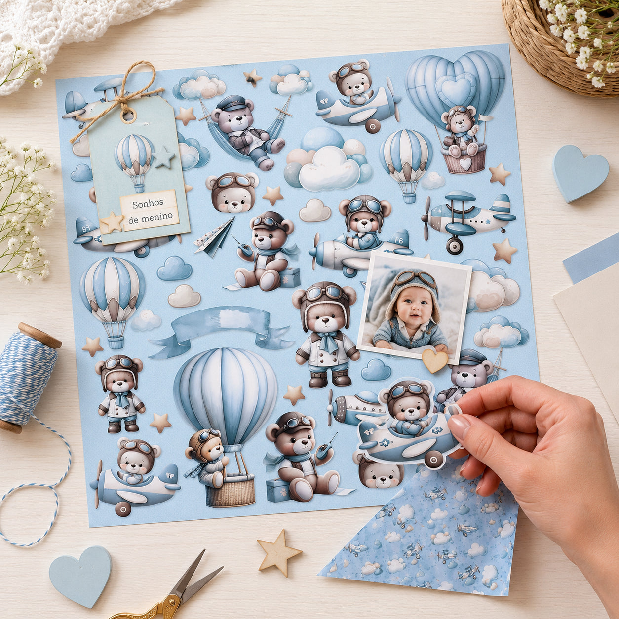 Papel para Scrapbook Dupla Face Coleção Urso com Balao 30,5x30,5cm para Scrapbook e Papelaria Criativa Sd-1362 - Litoarte