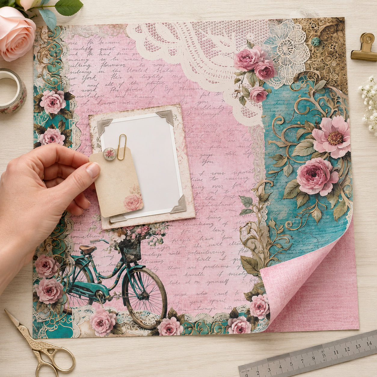Papel para Scrapbook Dupla Face Coleção Conjunto Aconchego Vintage Rosa com Verde 30,5x30,5cm para Scrapbook e Papelaria Criativa Sd-1365 - Litoarte