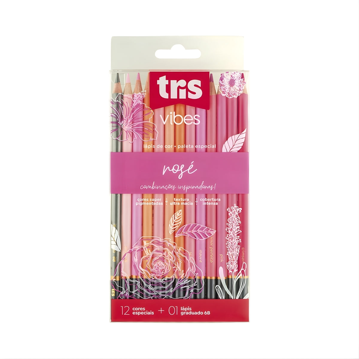 Estojo Lápis de Cor Vibes Rosa com 12 Cores + Lápis 6b - Tris
