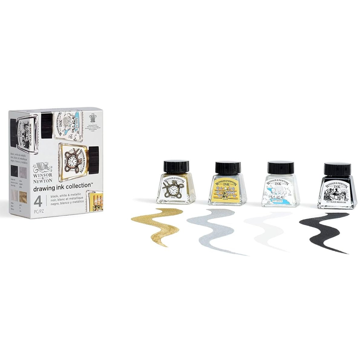 Kit Tinta Nankin para Desenho Collection Winsor & Newton 14ml com 4 Cores Metálicas