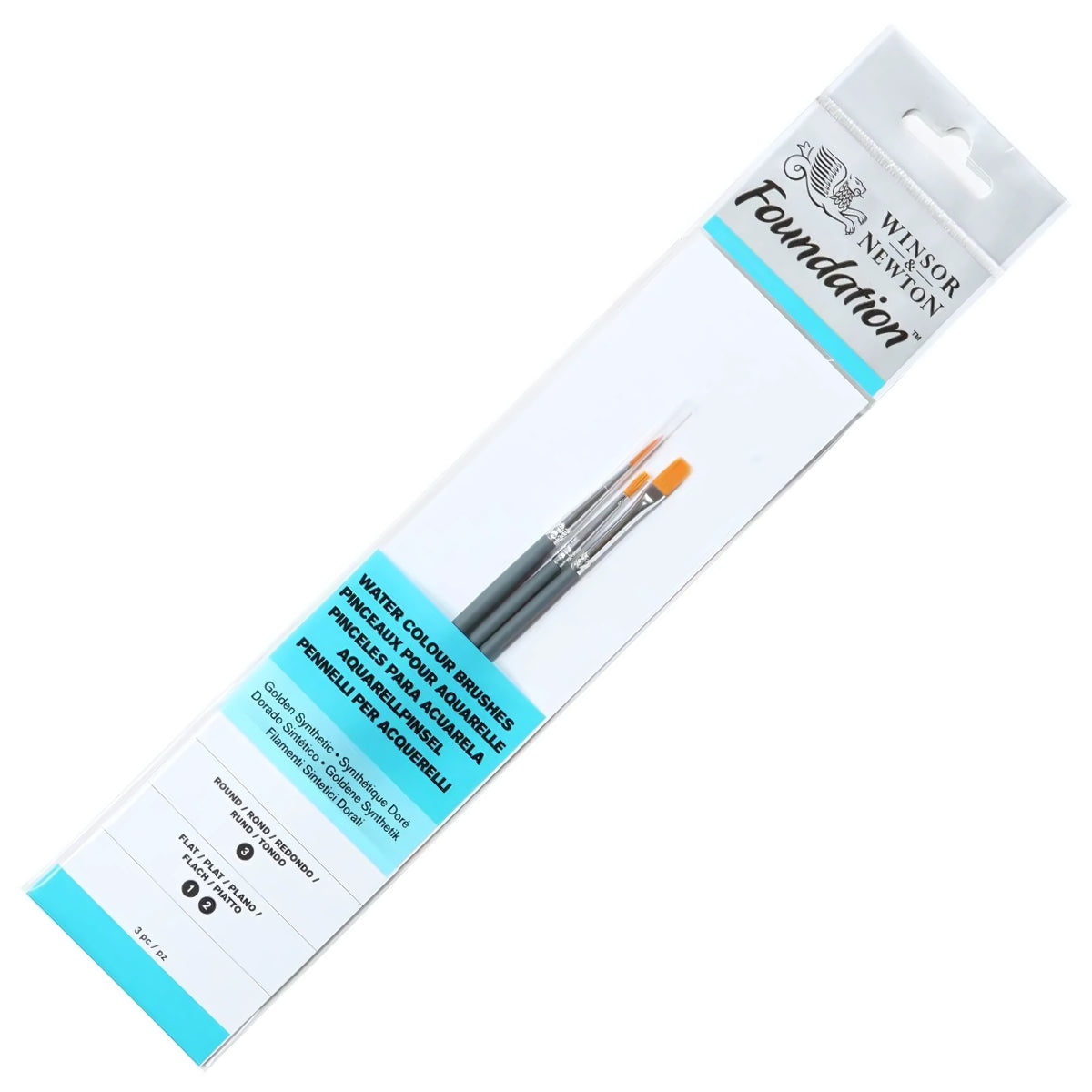 Kit 3 Pinceis Winsor & Newton Foundation para Aquarela Cerda Curta Sintetico Dourado