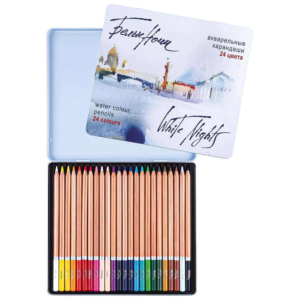 Estojo Lata de Lápis de Cor Nevskaya Palitra Aquarela White Nights Pastilha com 24 Cores