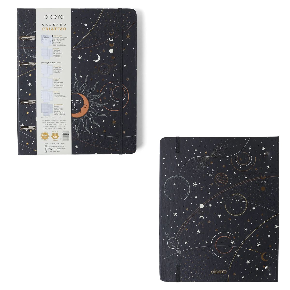 Caderno Criativo Argolado Cicero 17x24cm 100 Folhas Pautado - Astral Eclipse Preto