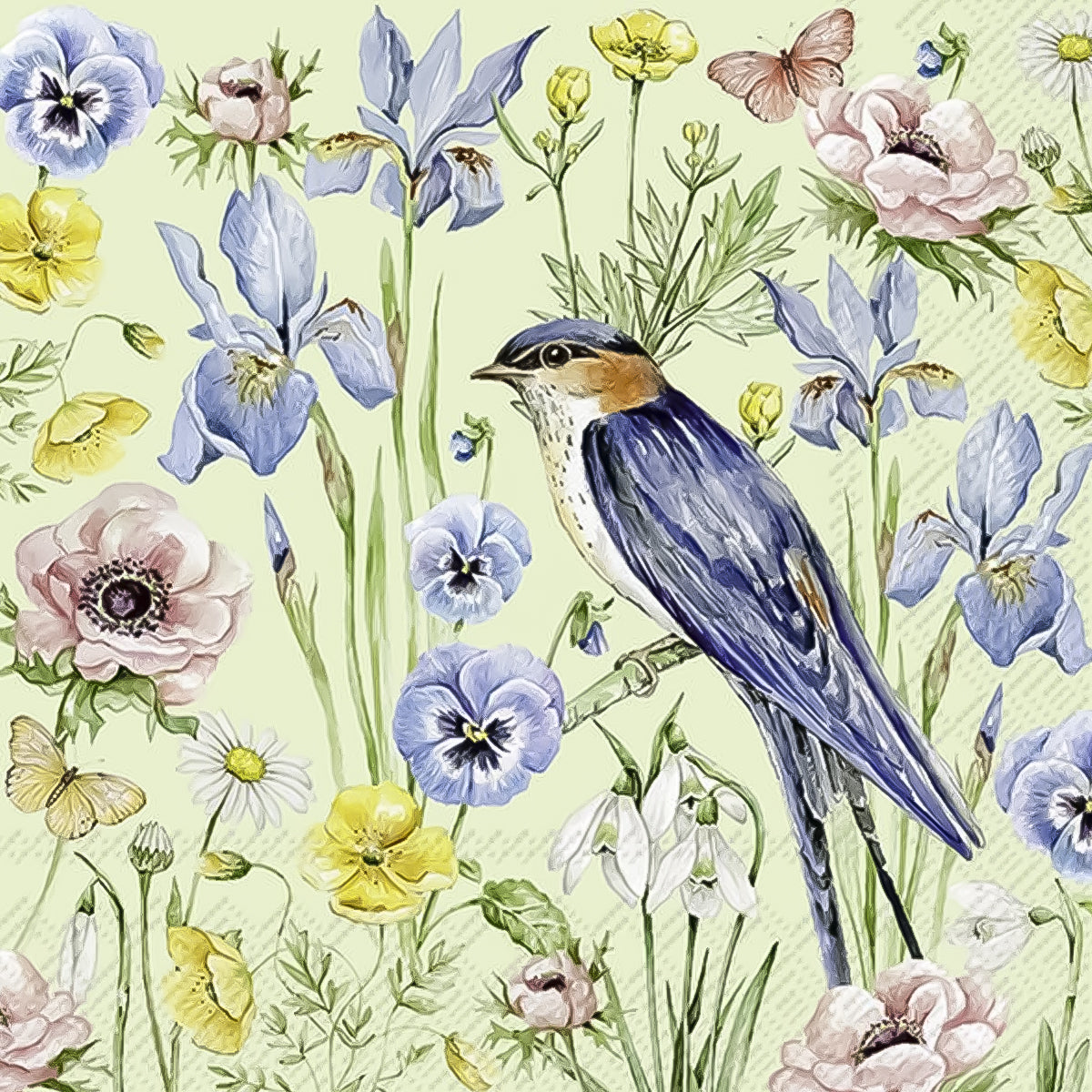 Guardanapo para Decoupage Ihr 33x33 Flores e Passaro Verde Claro C/ 20 Unidade