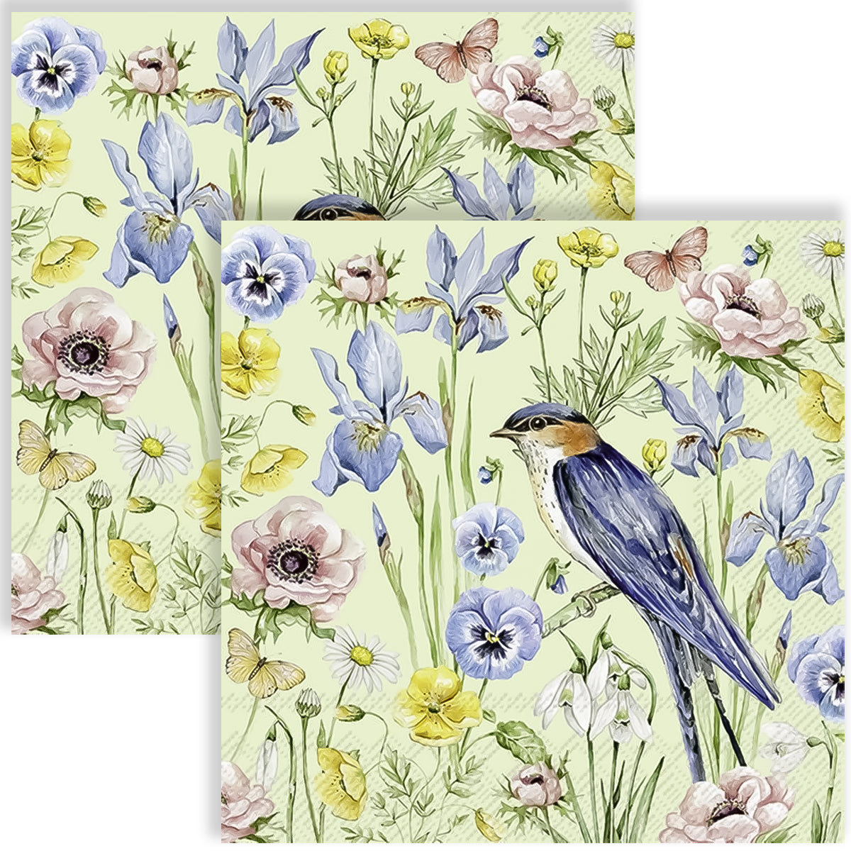 Guardanapo para Decoupage Ihr 33x33 Flores e Passaro Verde Claro C/ 20 Unidade
