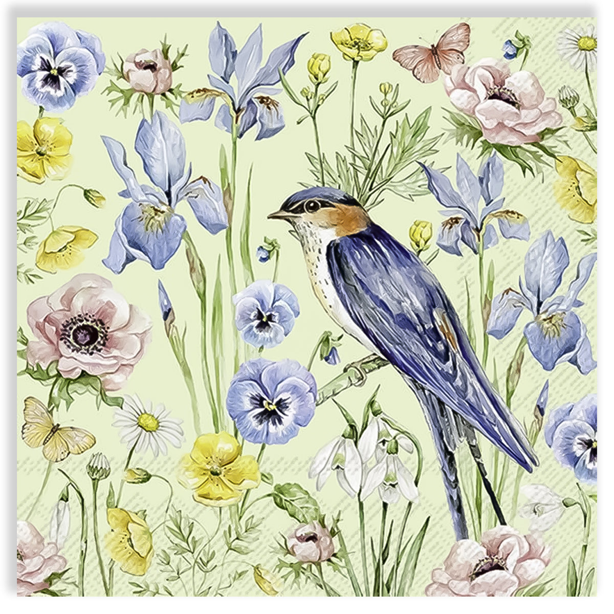 Guardanapo para Decoupage Ihr 33x33 Flores e Passaro Verde Claro C/ 20 Unidade