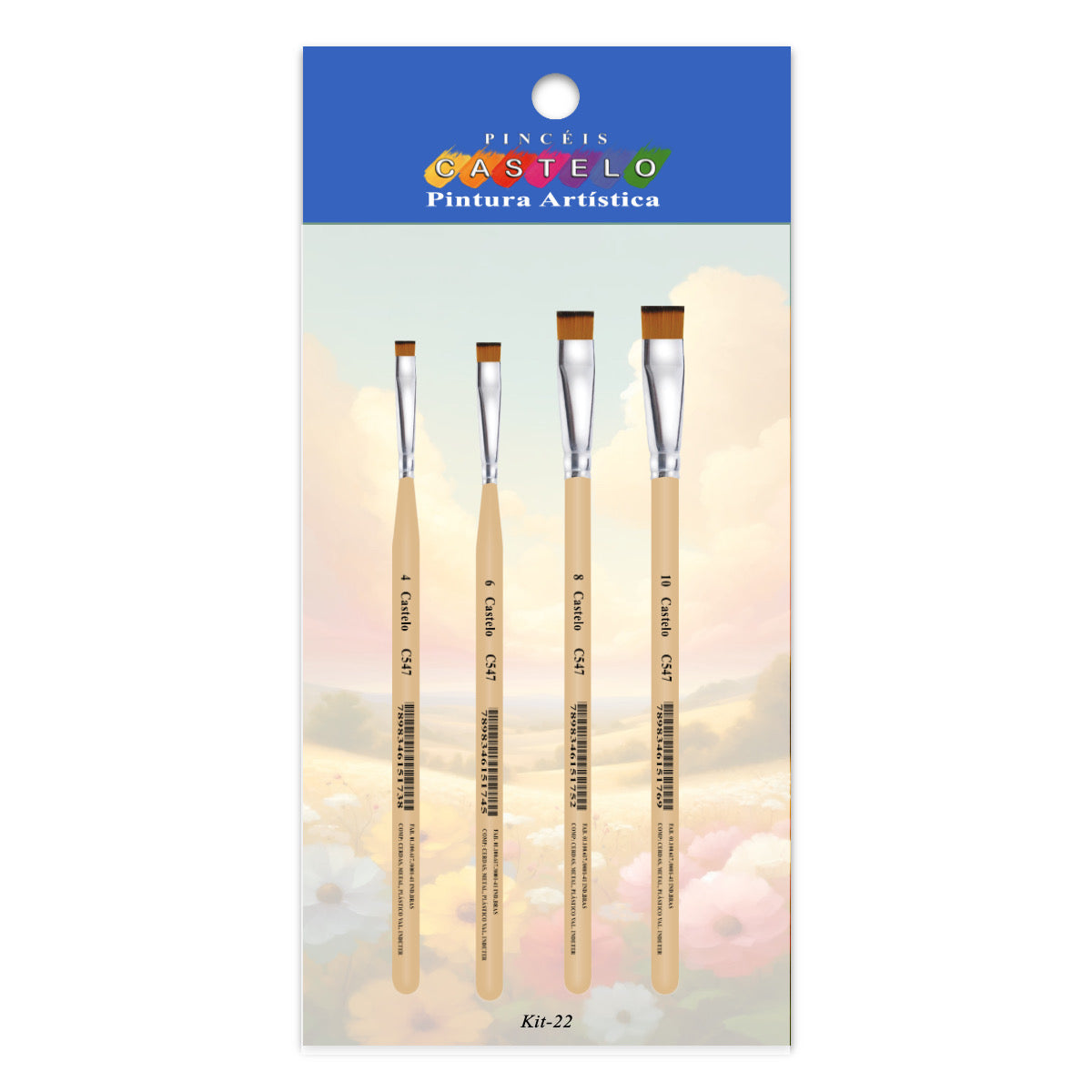 Kit de Pinceis Castelo para Pintura Chatos - 04 Unidades Modelo 22