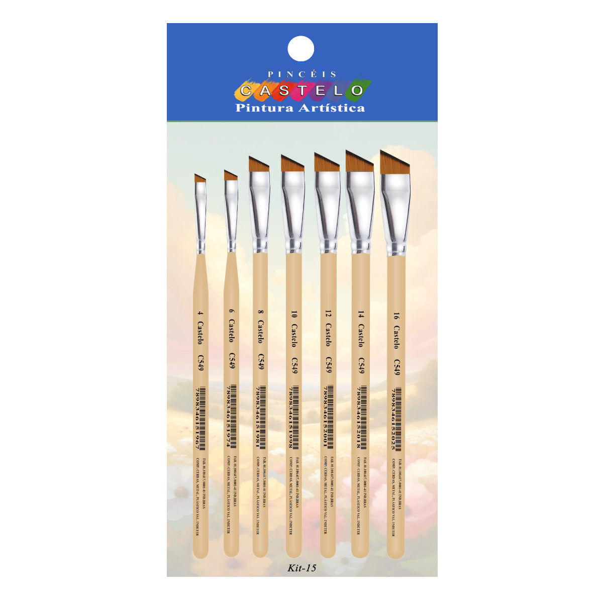 Kit de Pinceis Castelo para Pintura Chanfrados - 07 Unidades Modelo 15
