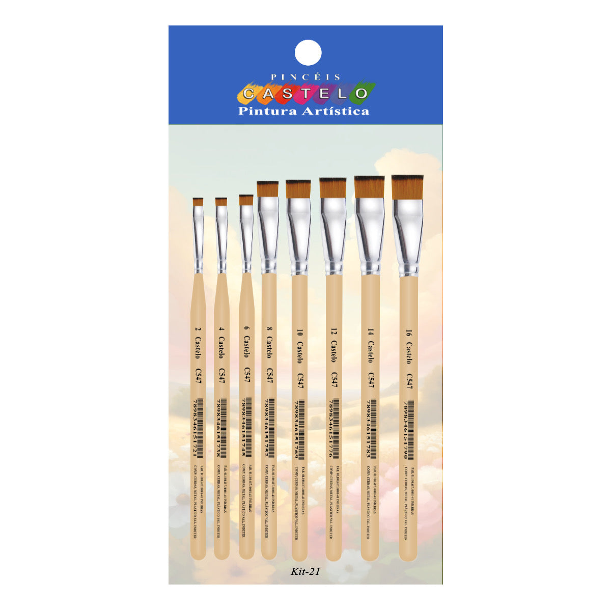 Kit de Pinceis Castelo para Pintura Chatos - 08 Unidades Modelo 21