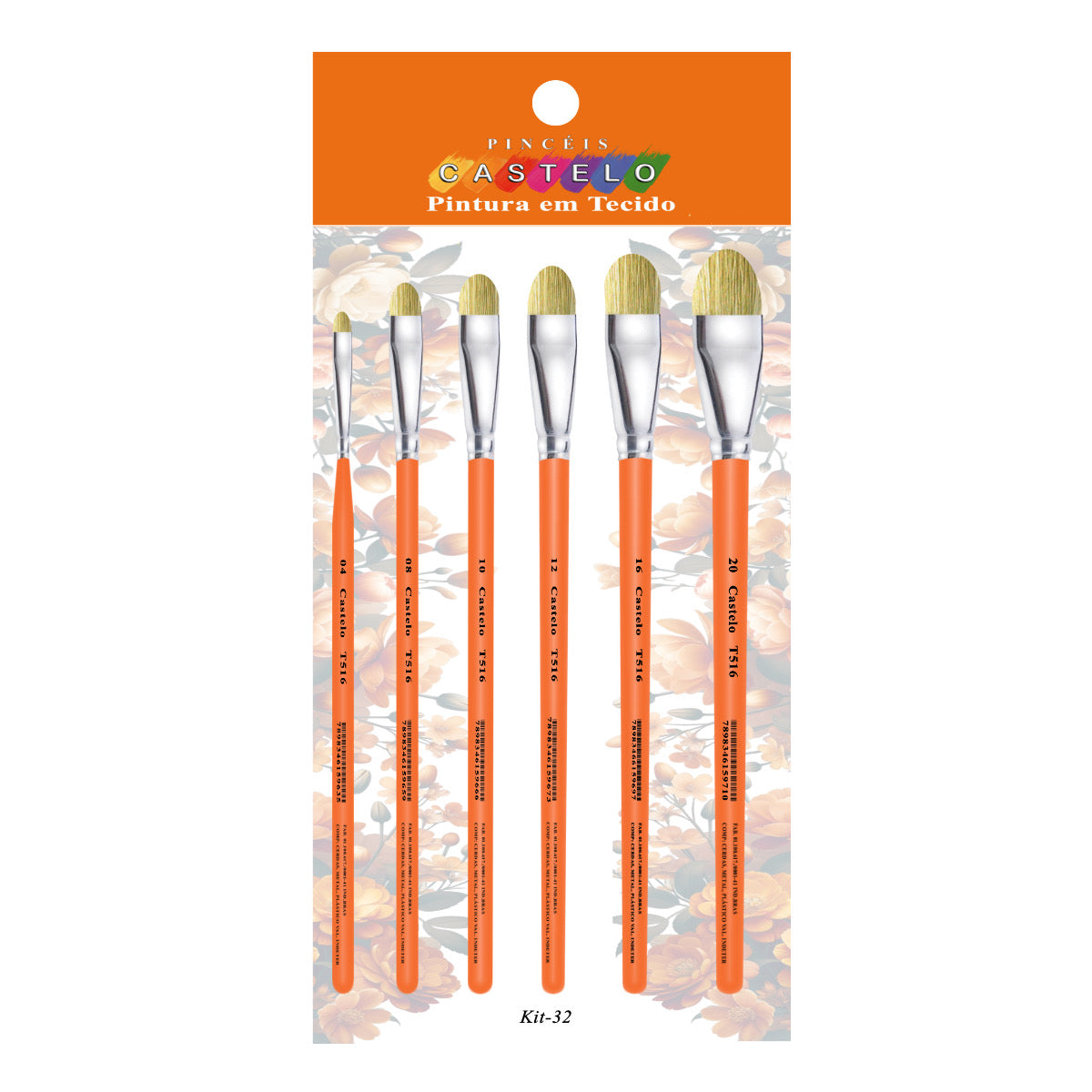 Kit de Pinceis Castelo para Tecido Cerda Branca Cabo Curto - 06 Unidades Modelo 32