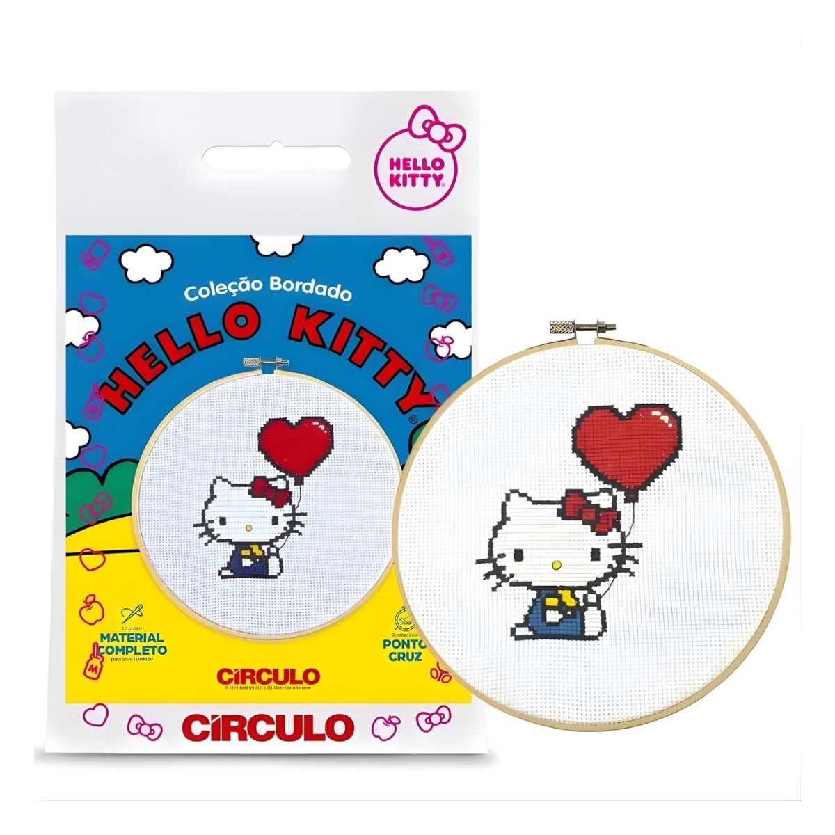 Kit Bordado Ponto Cruz Hello Kitty Coração - Círculo