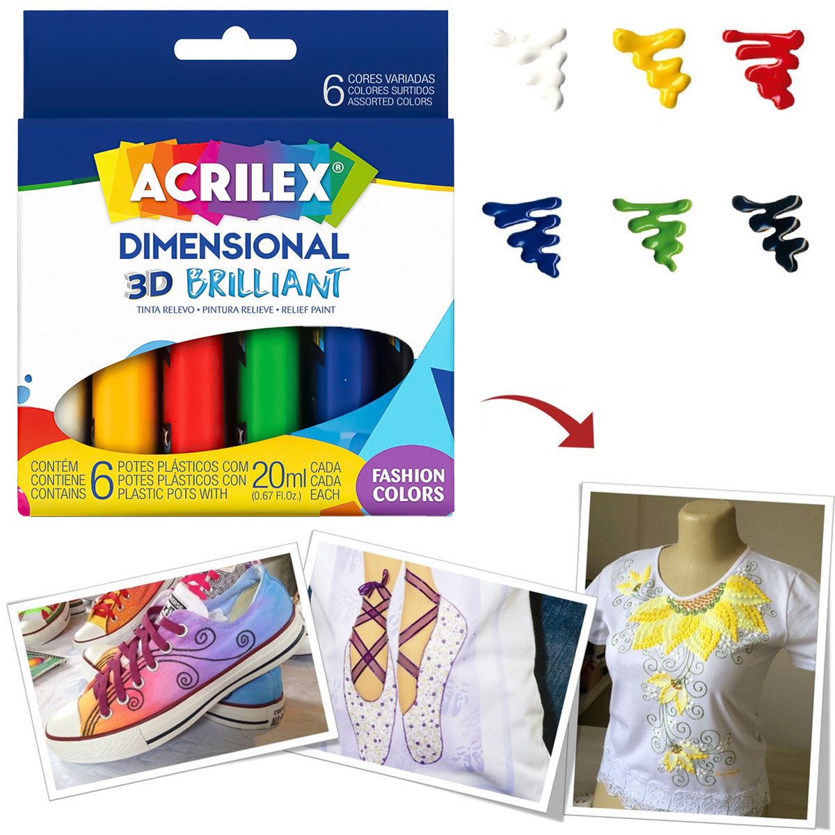 Estojo Tinta Dimensional Acrilex Brilhante 20ml com 6 Cores