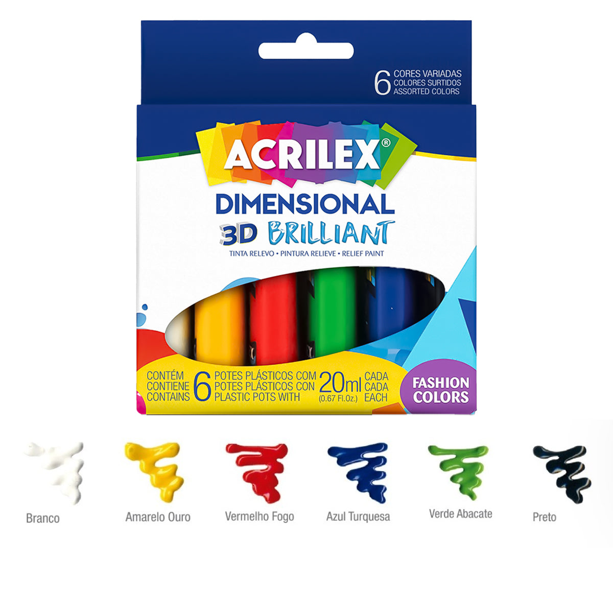 Estojo Tinta Dimensional Acrilex Brilhante 20ml com 6 Cores