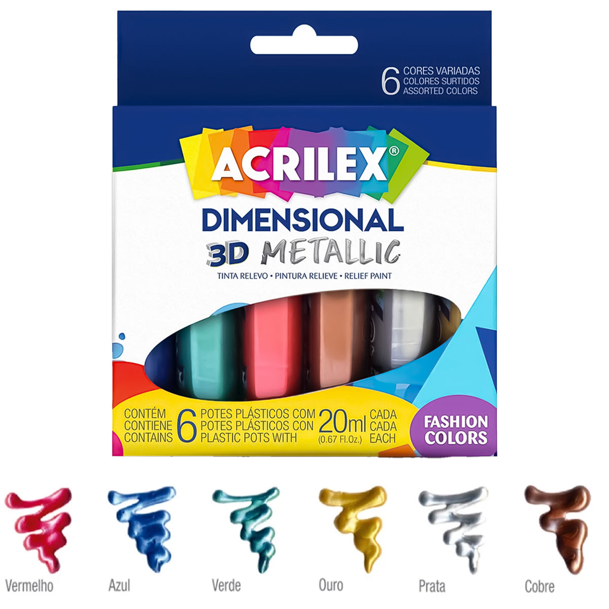 Estojo Tinta Dimensional Acrilex Metalica 20ml com 6 Cores