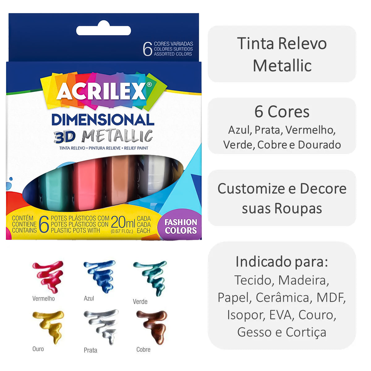 Estojo Tinta Dimensional Acrilex Metalica 20ml com 6 Cores