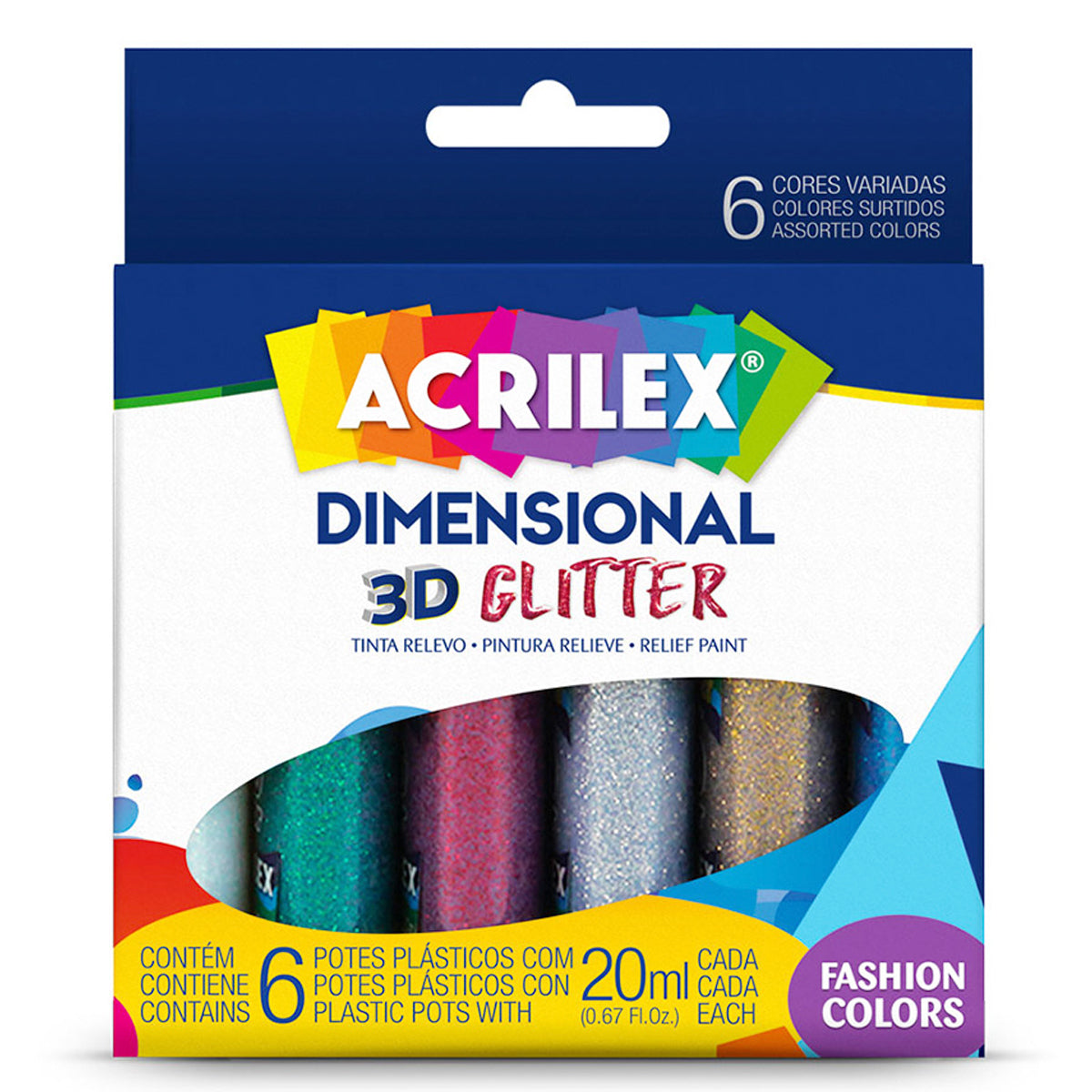 Estojo Tinta Dimensional Acrilex Glitter 20ml com 6 Cores