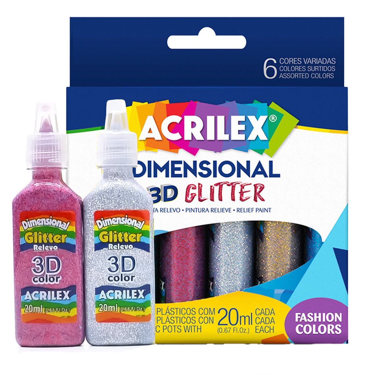 Estojo Tinta Dimensional Acrilex Glitter 20ml com 6 Cores