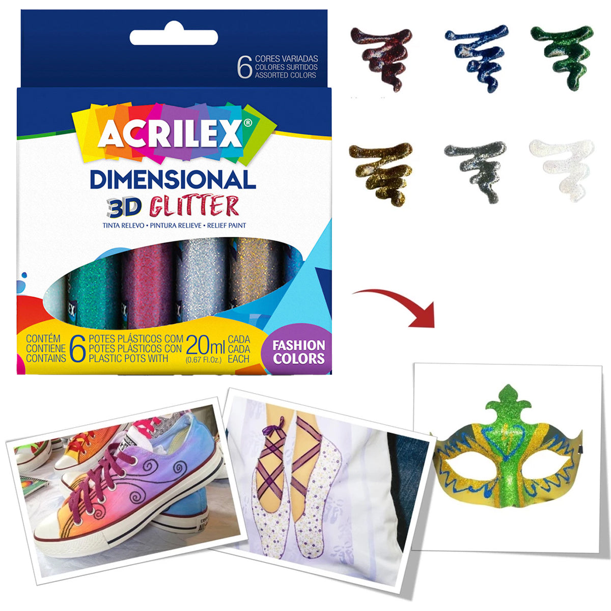 Estojo Tinta Dimensional Acrilex Glitter 20ml com 6 Cores