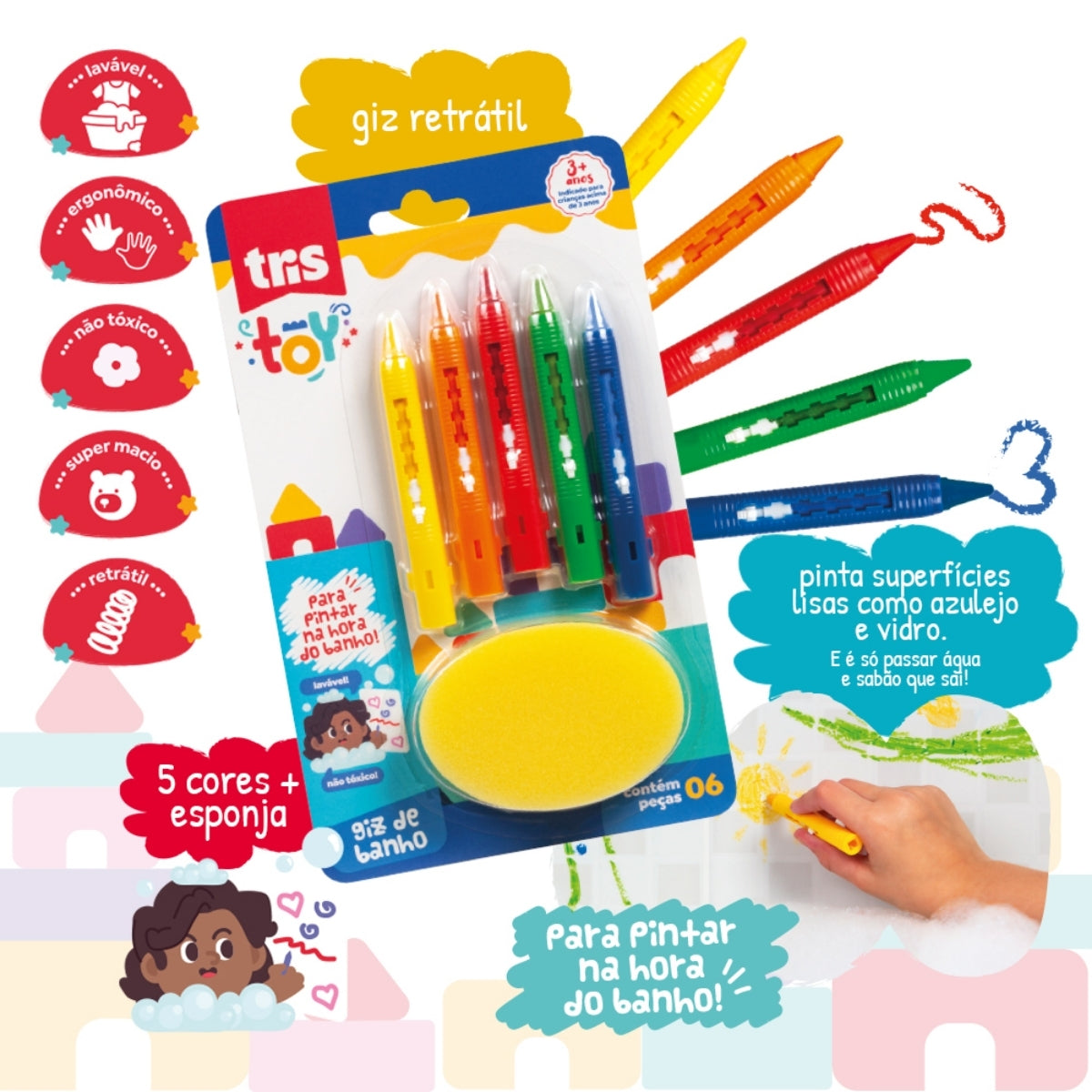 Giz de Banho Toy com Esponja 6 Peças - Tris
