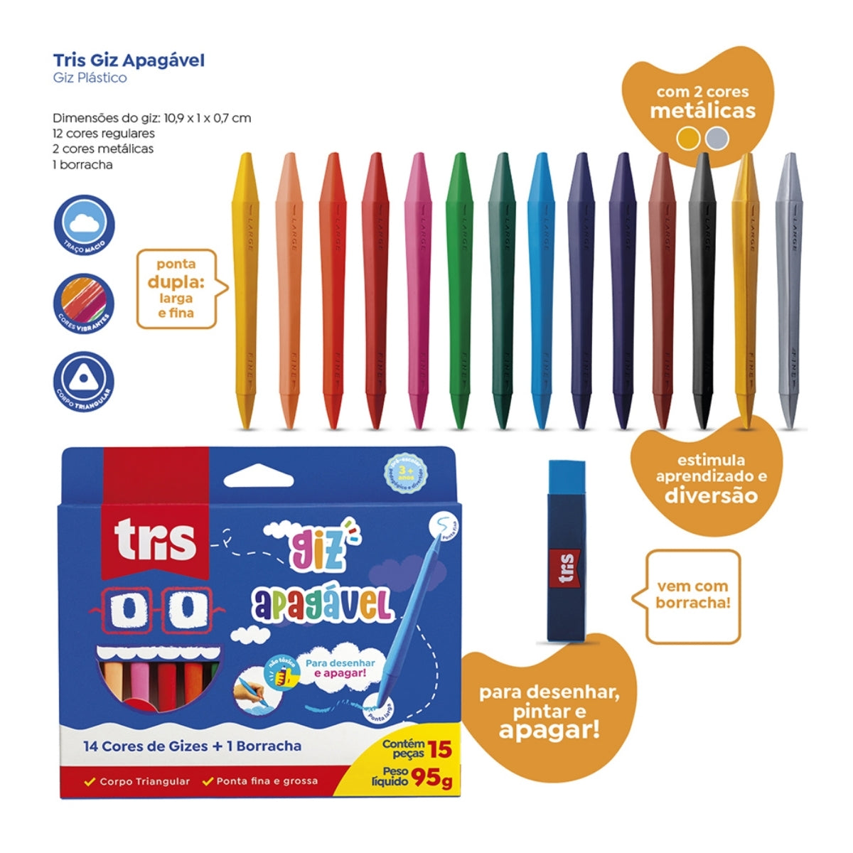 Kit Giz de Cera Apagável com 15 Peças - Tris