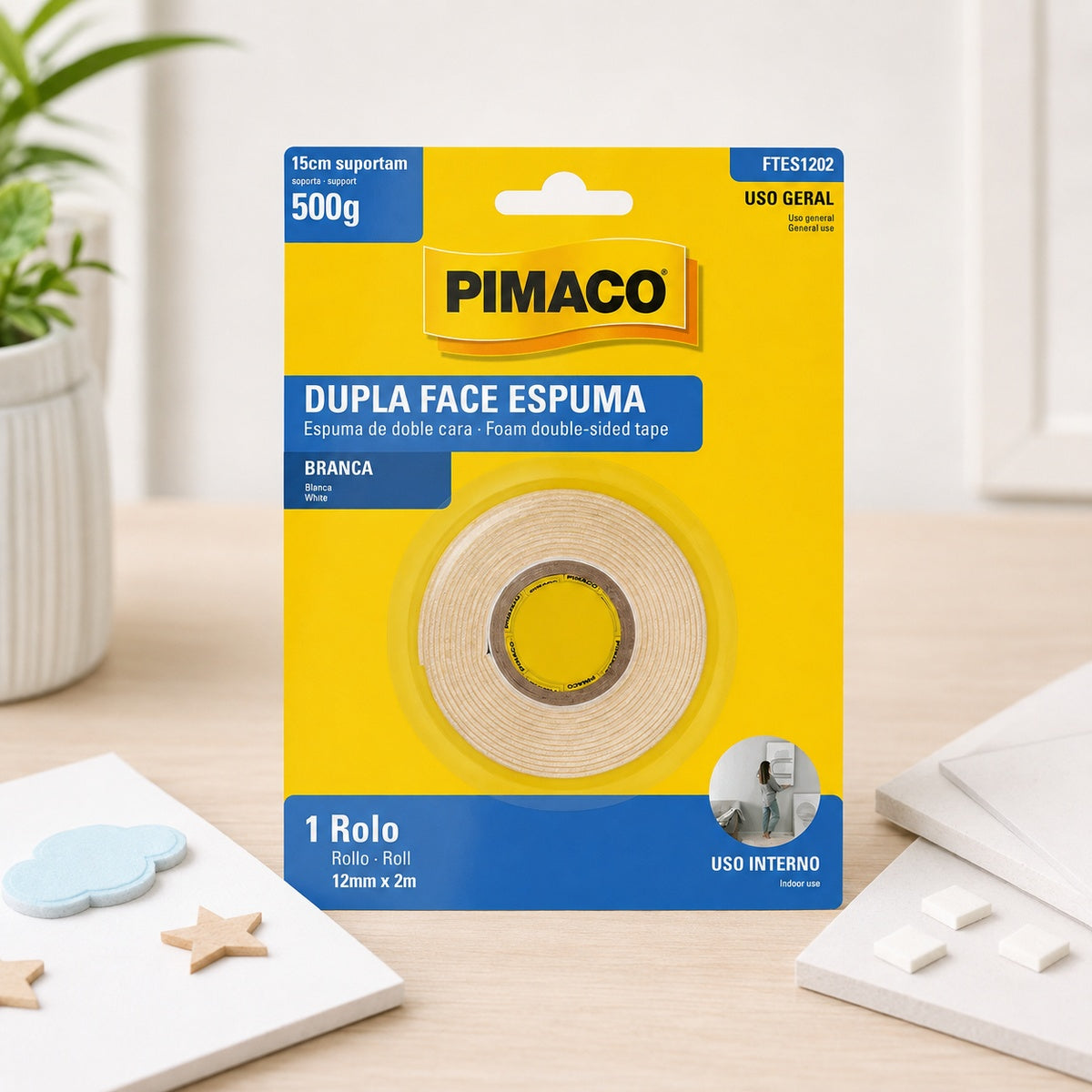 Fita Dupla Face Espuma Branca 12mm X 2m para Fixação em Superfícies Irregulares - Pimaco