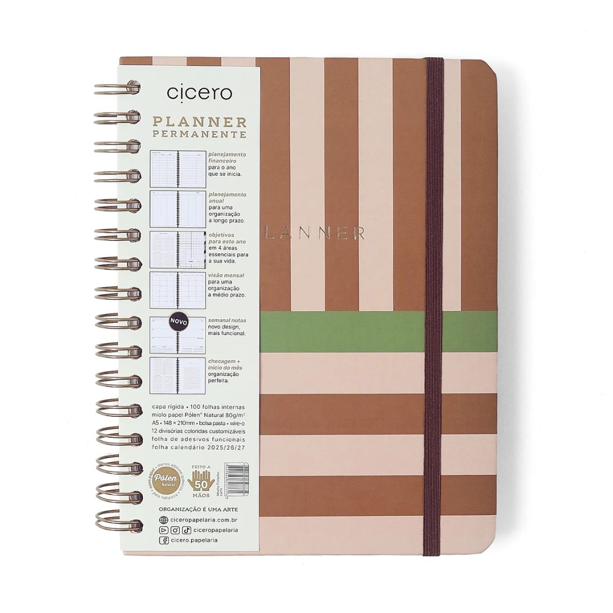 Planner Permanente Wire-o Cicero A5 14,8x21cm Semanal com Notas Mocha Pistache 100 Folhas 