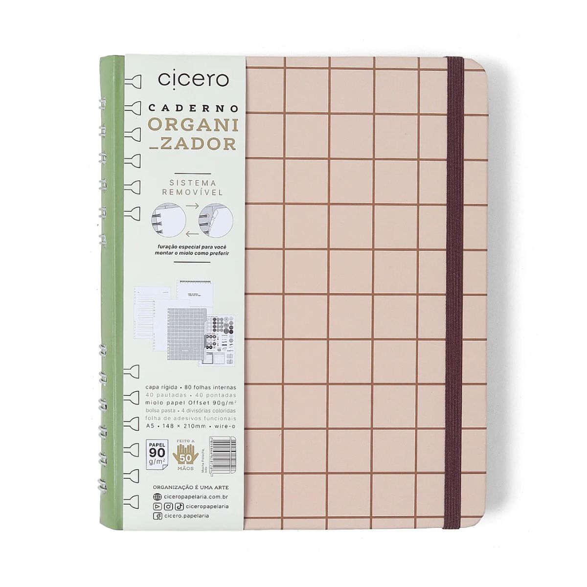 Caderno Organizador Wire-o Cicero A5 14,8x21cm 80 Folhas Mocha Pistache Pautado e Pontado