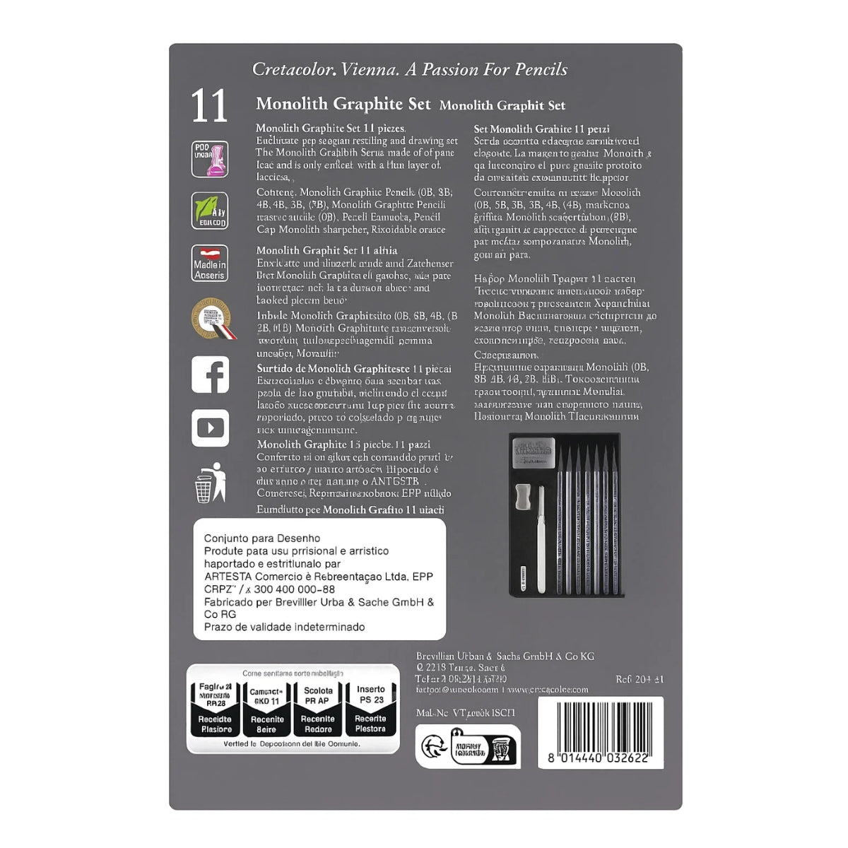 Estojo de Lápis Monolith Graphite Cretacolor com 11 Peças - Rinoceronte 204 31