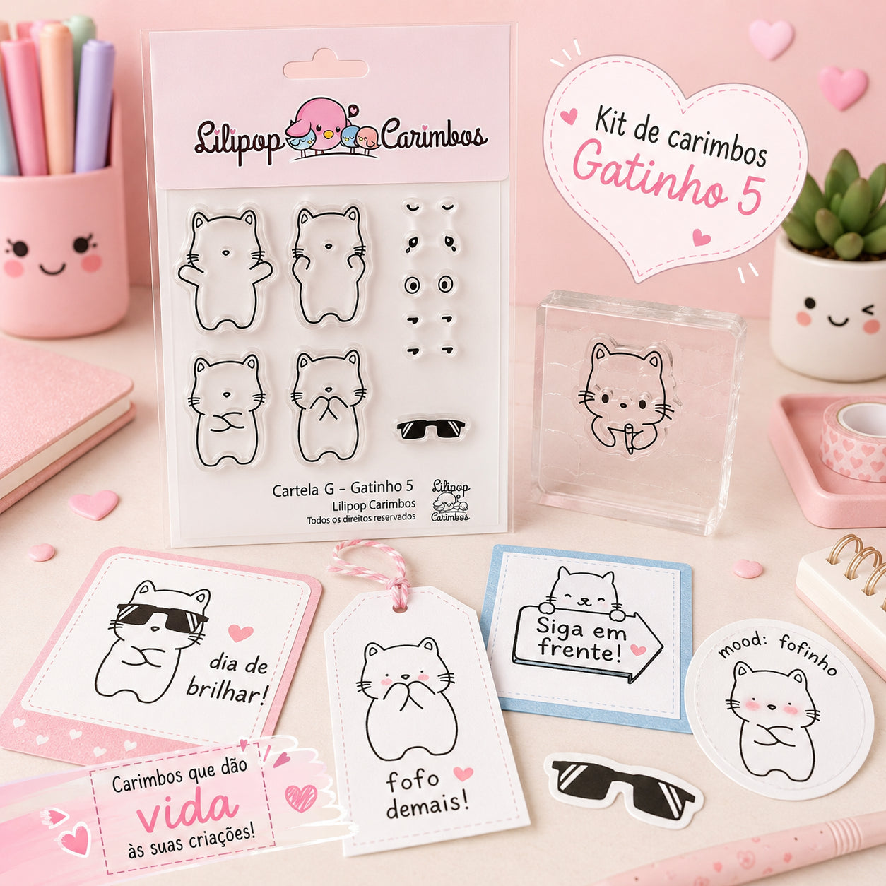 Kit Carimbos Decorativos G Gatinho 5 Scrapbook - Lilipop