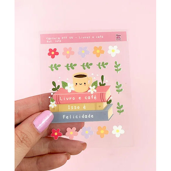 Cartela de Adesivo Dtf Uv Livros e Café para Artesanato e Personalização - Lilipop