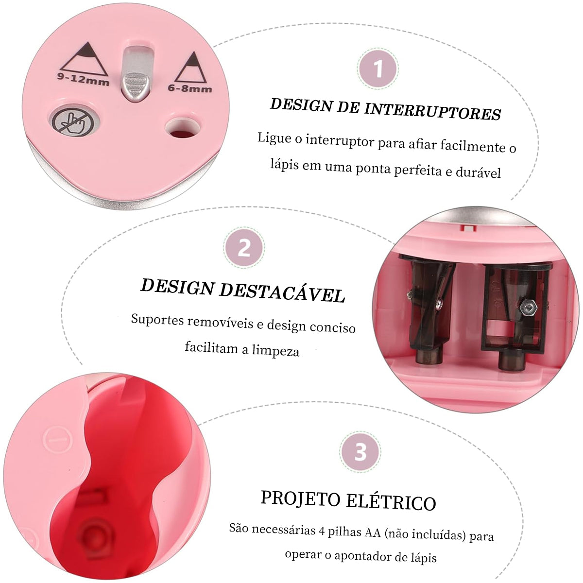 Apontador Eletrico Furo Tenwin 2 Furos para Lapis Comum e Jumbo - Rosa
