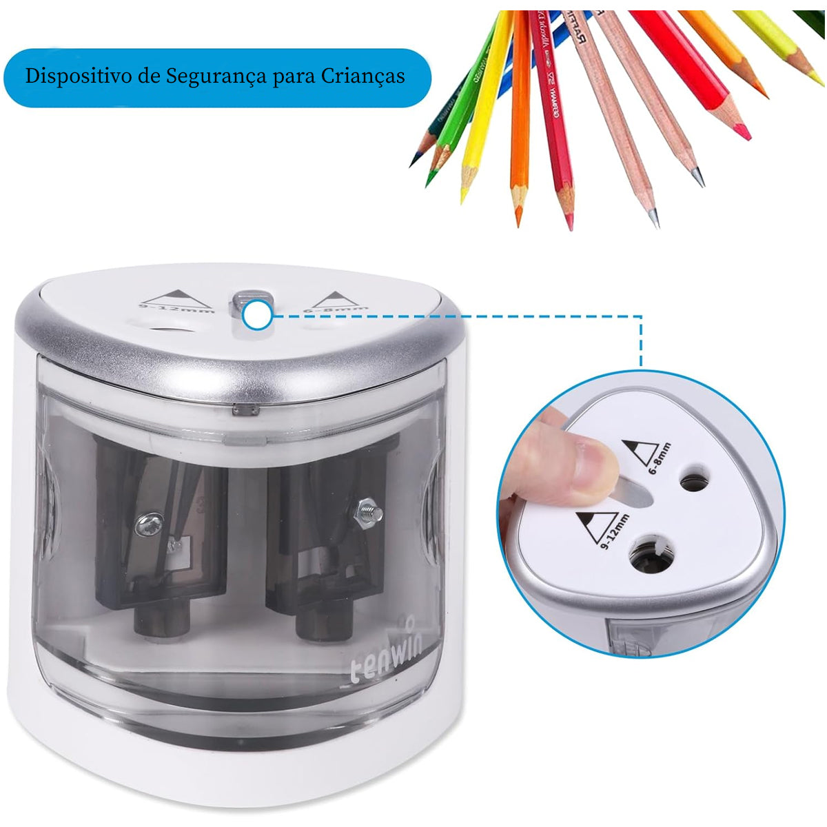 Apontador Eletrico Furo Tenwin 2 Furos para Lapis Comum e Jumbo - Branco