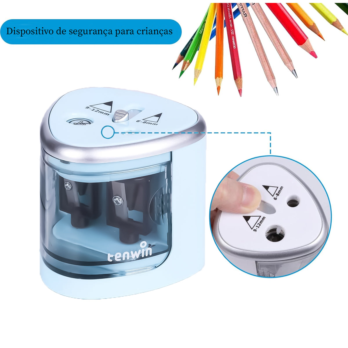 Apontador Eletrico Furo Tenwin 2 Furos para Lapis Comum e Jumbo - Azul