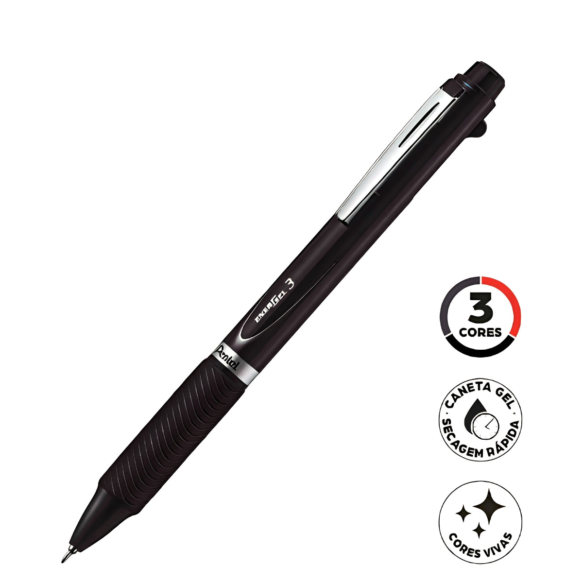 Caneta Gel Energel 3 0,5mm com 3 Cores - Preto - Pentel