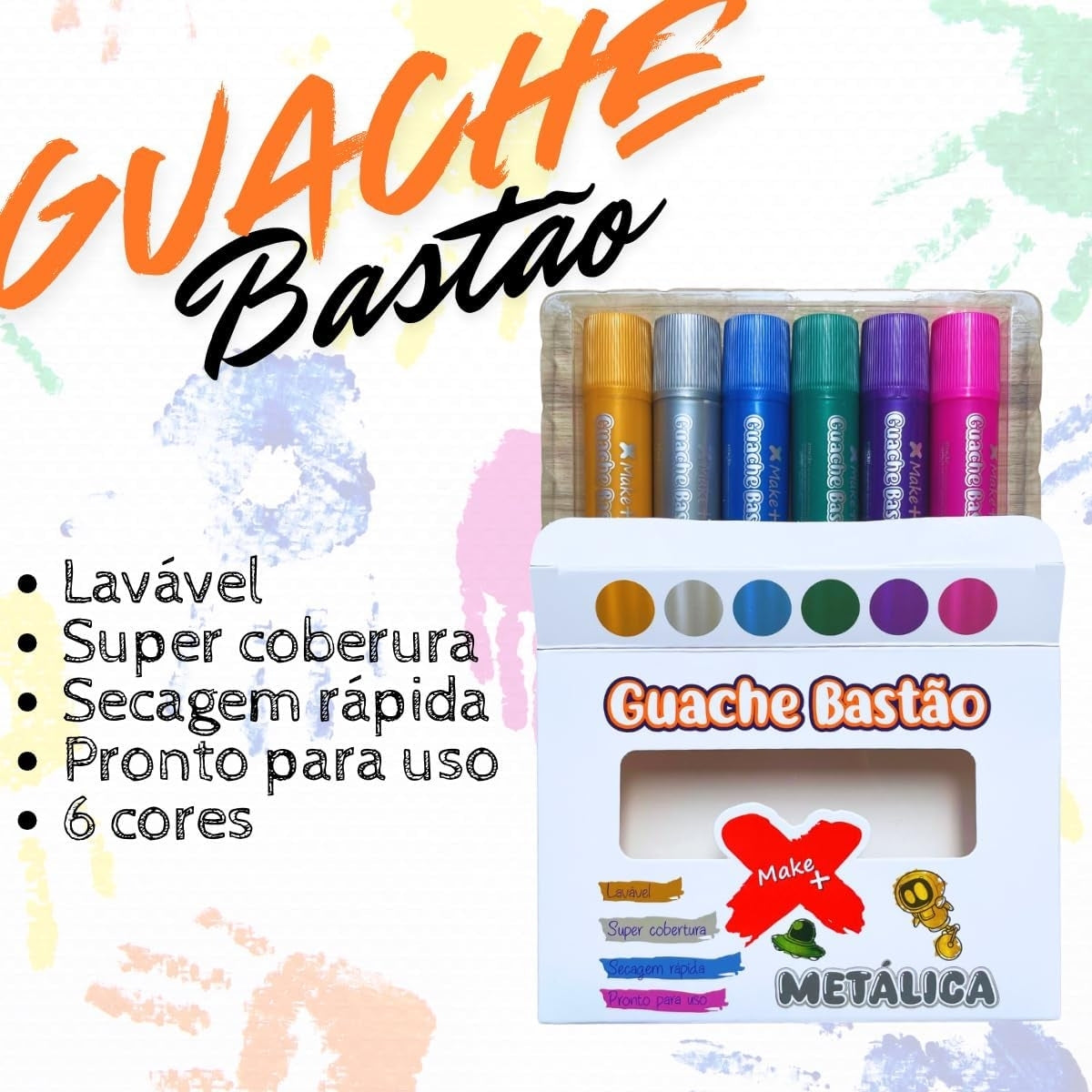 Kit Guache Bastão 60g com 6 Cores Metalizado - Make+