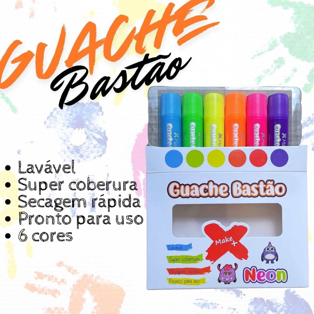 Kit Guache Bastão 60g com 6 Cores Neon - Make+