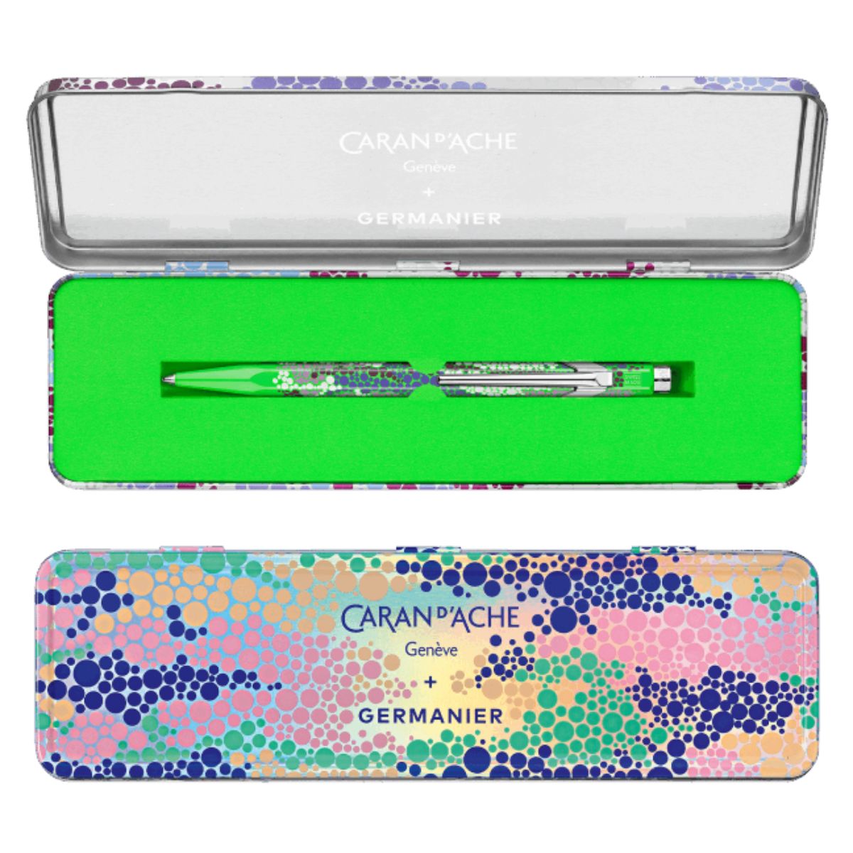Caneta Esferográfica 849 Caran D'ache Germanier com Estojo de Lata Neon Green