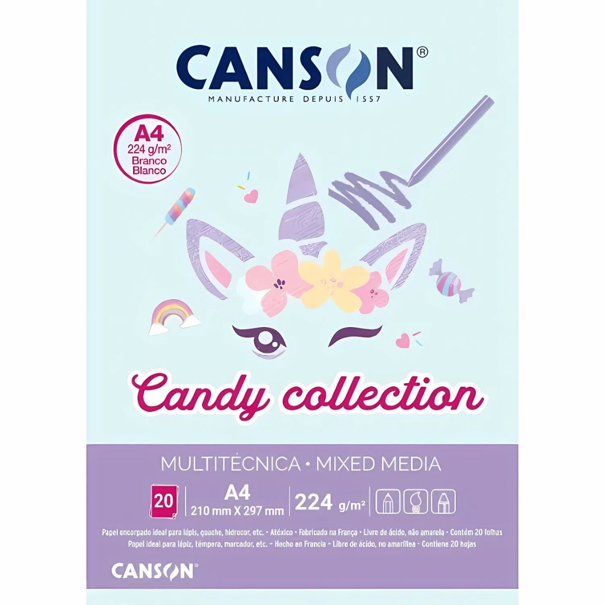 Bloco Multitécnica Canson Candy Collection 220g/m² A4 21x29,7cm com 20 Folhas Branco
