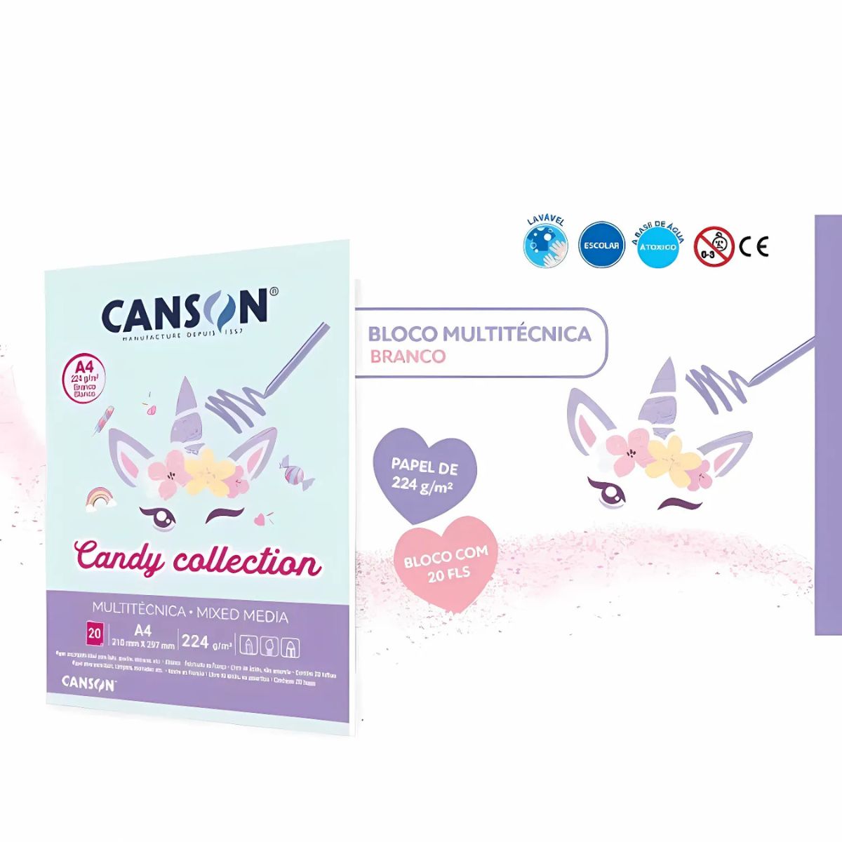 Bloco Multitécnica Canson Candy Collection 220g/m² A4 21x29,7cm com 20 Folhas Branco