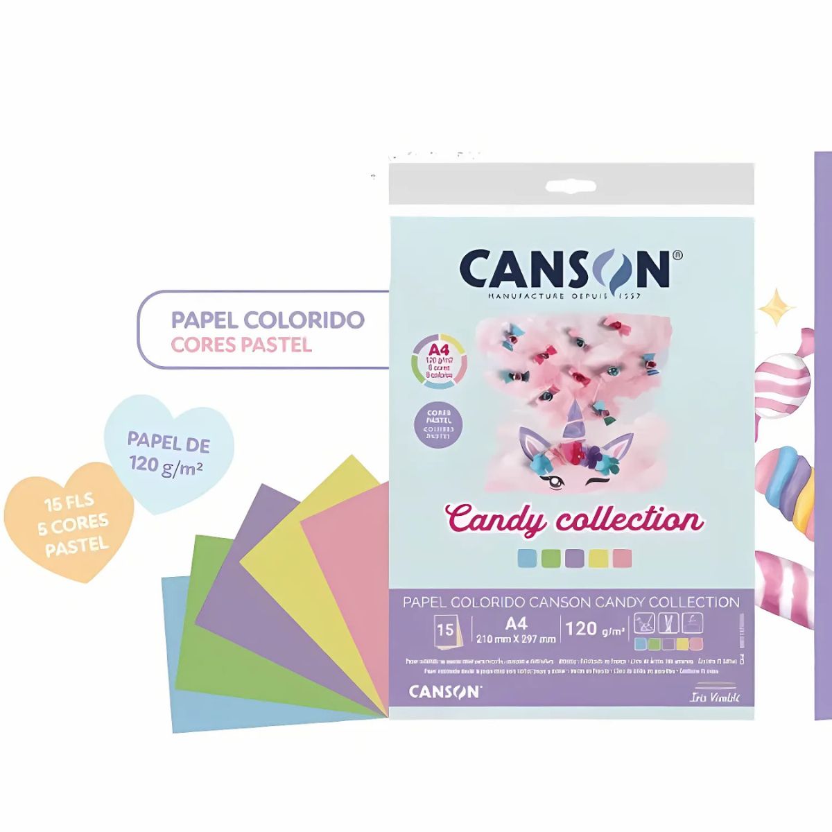 Papel Colorido Canson Candy Collection 120g/m² A4 com 5 Cores e 15 Folhas
