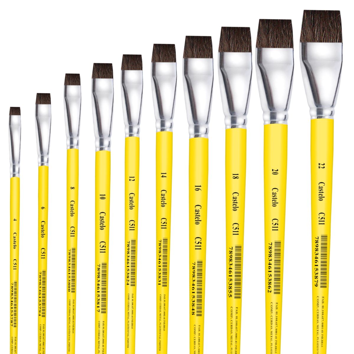Pincel Castelo Artístico Cerda Sintético Chato Macio Cabo Curto Amarelo 511