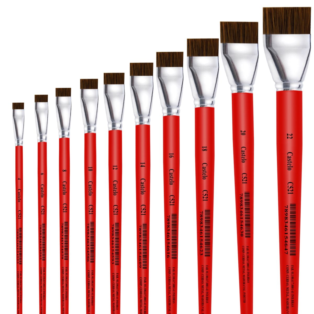 Pincel Castelo para Pintura Cerda Sintético Chato Cabo Longo Vermelho 521