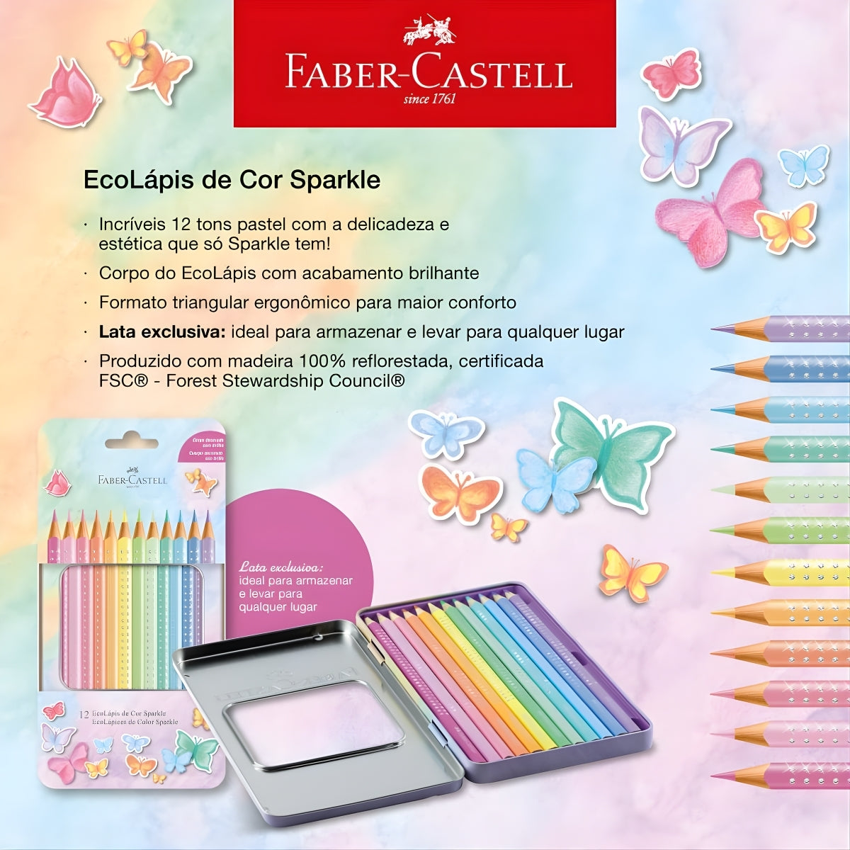 Estojo de Metal Lápis de Cor Sparkle 12 Cores - Faber-castell 116156