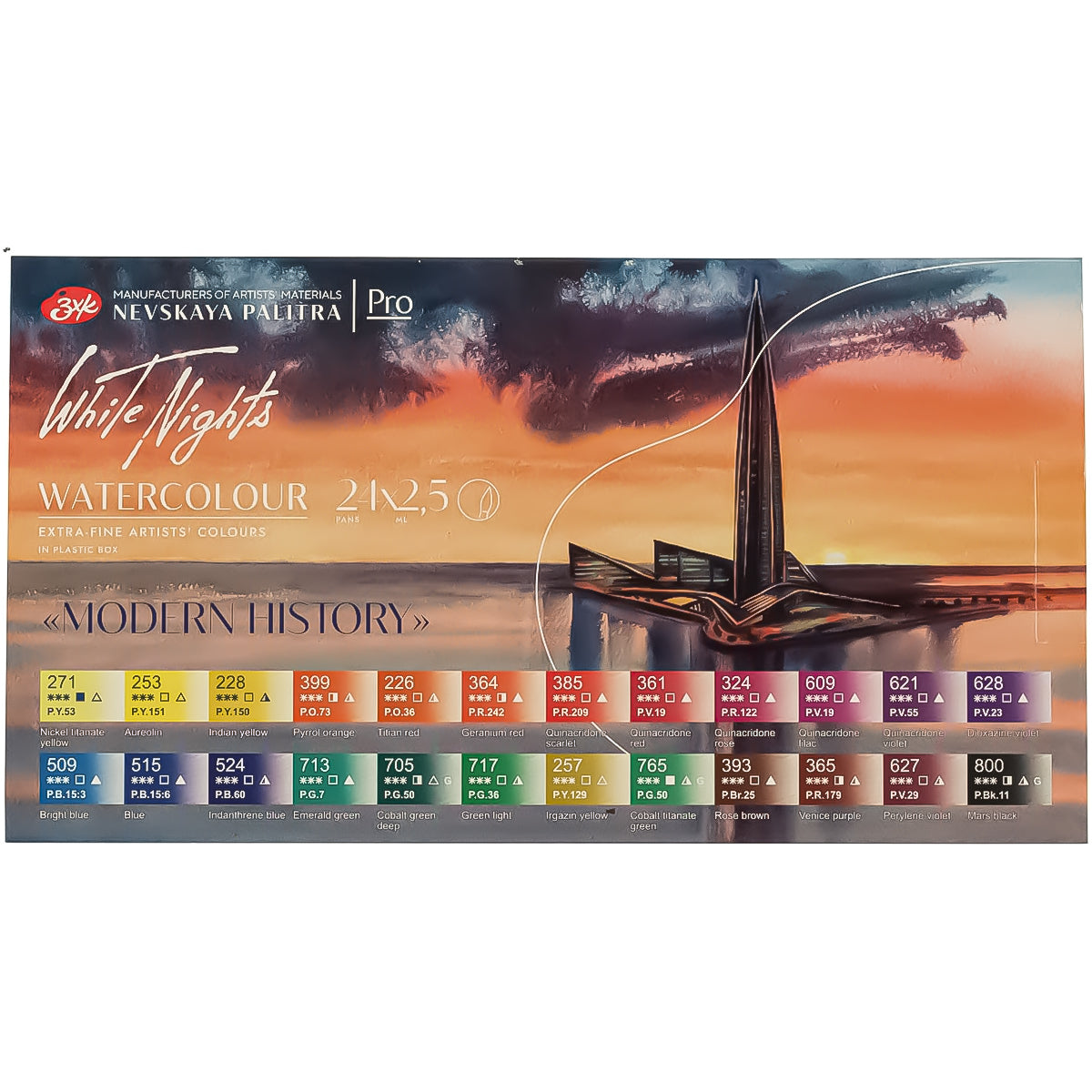 Estojo Tintas Aquarela Nevskaya Palitra White Nights em Pastilha Modern History com 24 Unidades
