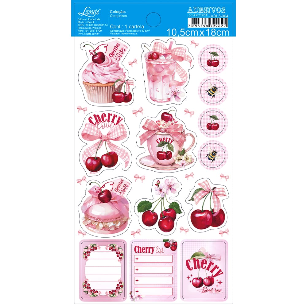 Adesivo com Recorte Cerejinhas 10,5x18cm para Artesanato e Scrapbook Adl3-064 - Litoarte