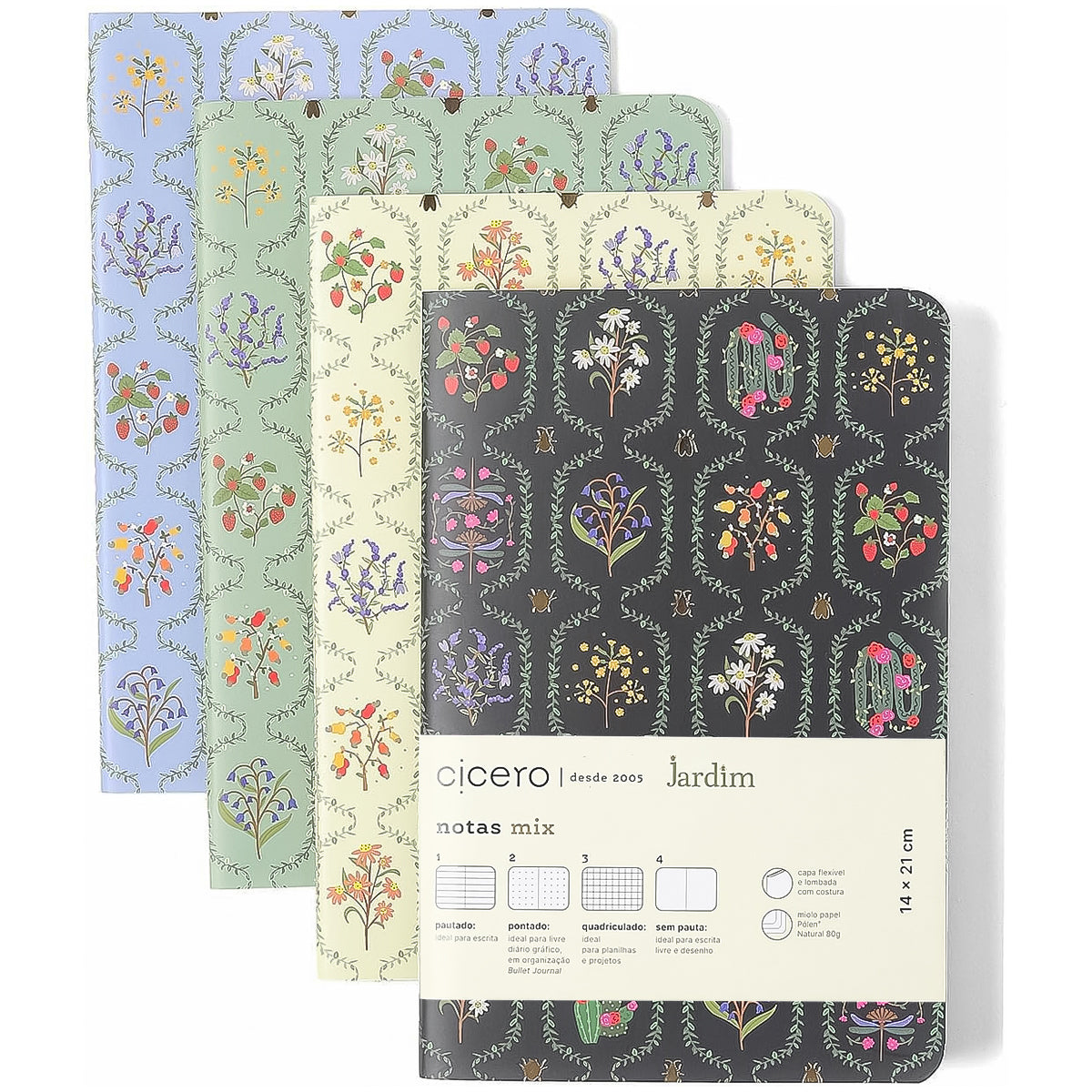 Kit de Caderneta Cicero Notas Mix 14x21cm Miolos Diferentes com 04 Unidade Jardim